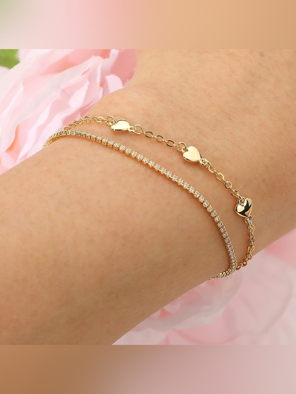 18K Gold Dipped Heart Charm Station Rhinestone Layered Cinch Pull Tie Bracelet